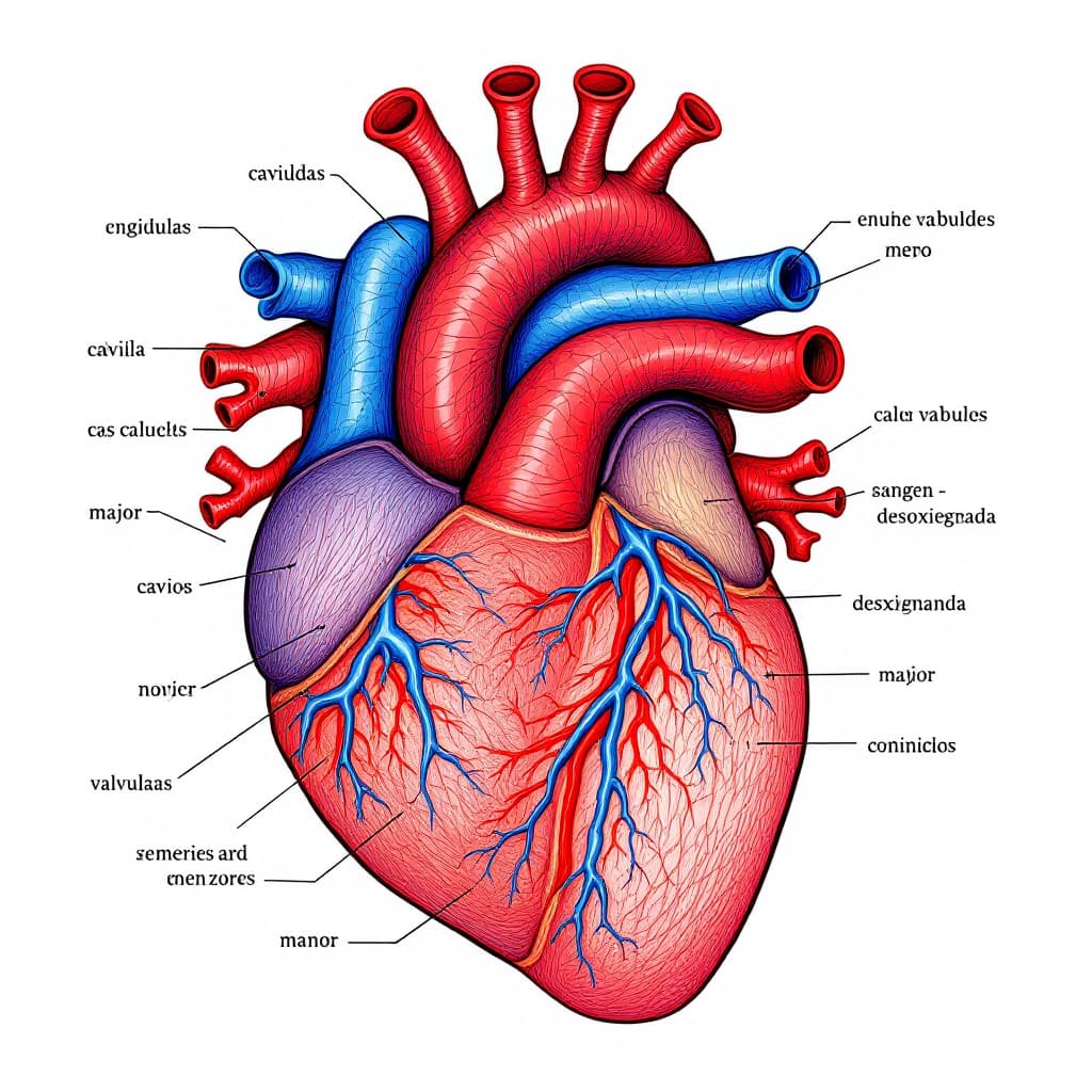 AI generated: Realiza un dibujo del corazón en el que se vean sus cavidades, sus válvulas y los vasos sanguíneos q...