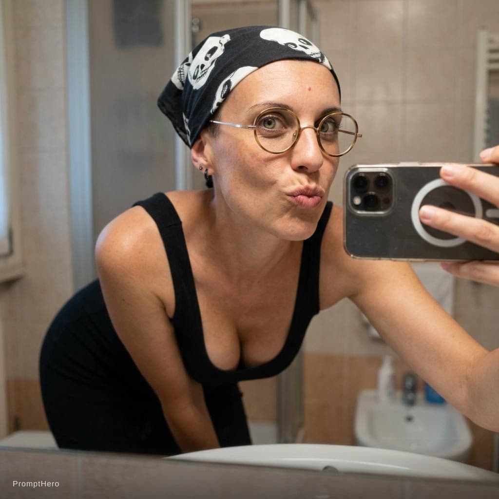 AI generated: looking at me. Taking a bathroom mirror selfie, wearing same (cleavage) bodycon dress leaning forwar...