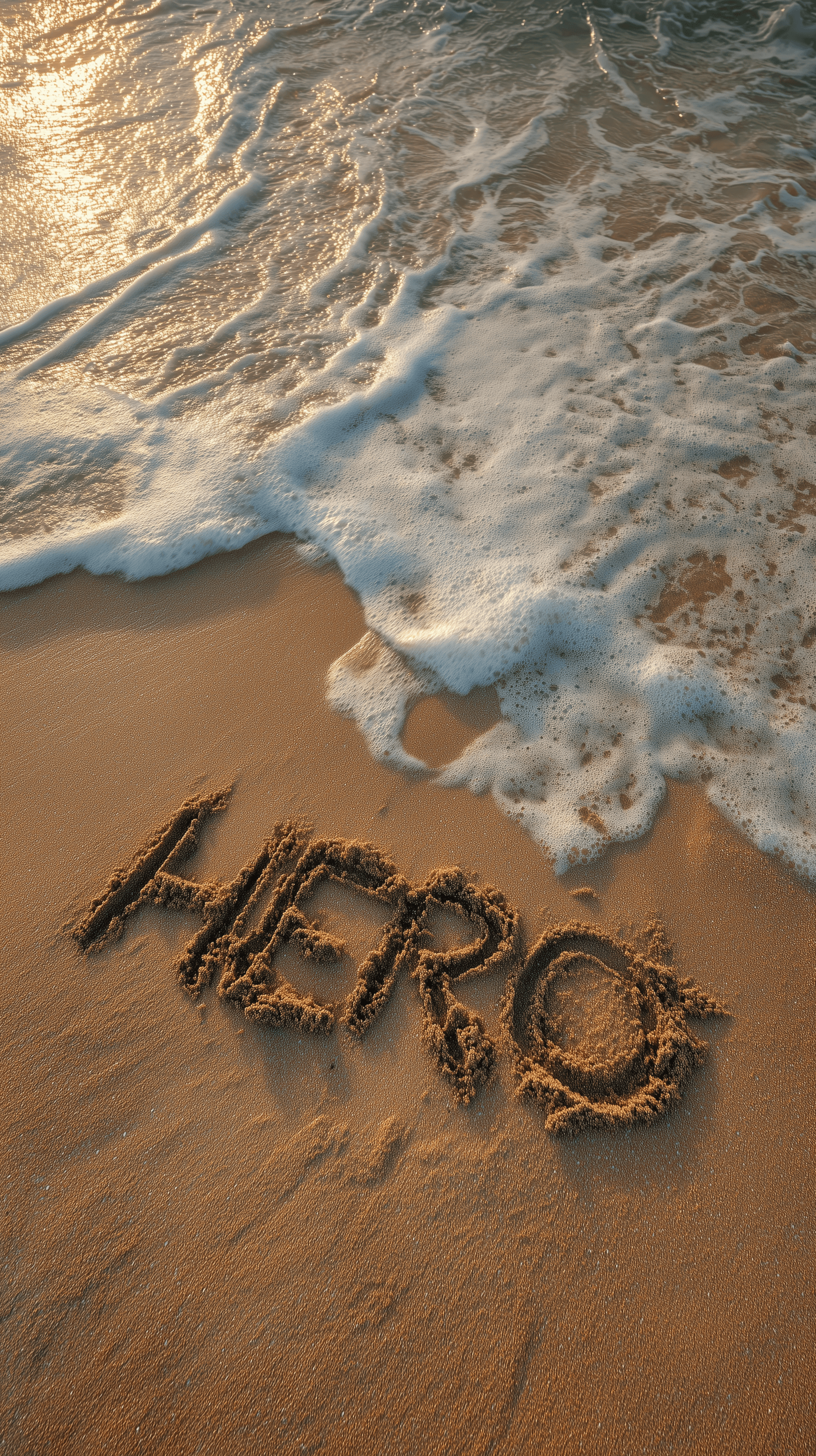 AI generated: word HERO, written in beach sand, ocean wave approaching, soft foam, golden sunlight, overhead view,...