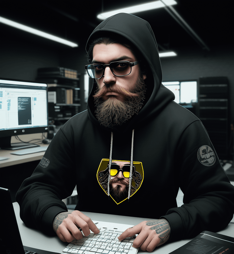 AI generated: hacker, darkroom, coder, computer, man, medium beard, cool, grunge, (typing), ultra-detailed and det...