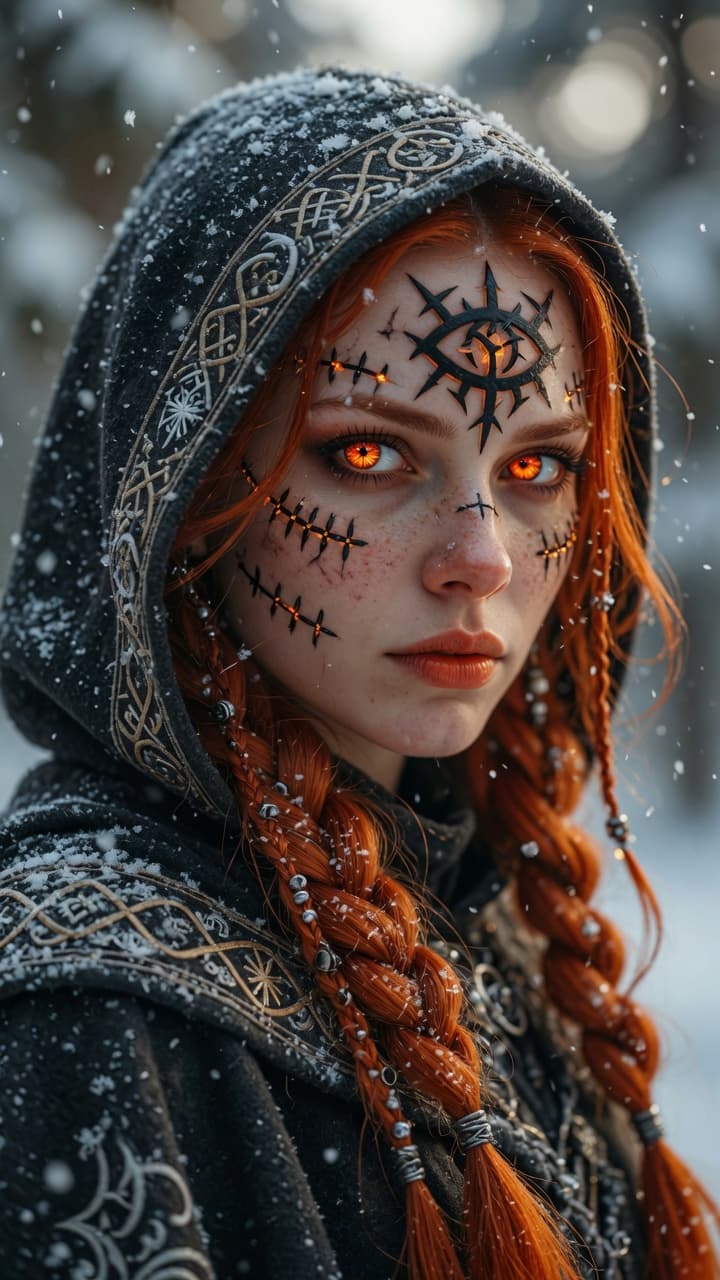 AI generated: Ultra-realistic National Geographic level portrait photography of a fierce winter sorceress, intense...