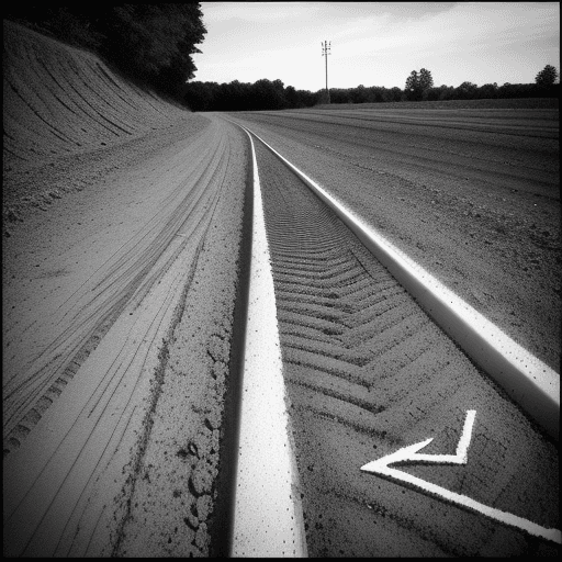 AI generated: cartoon like, black and white, tire track, arrow, one direction, dirt road