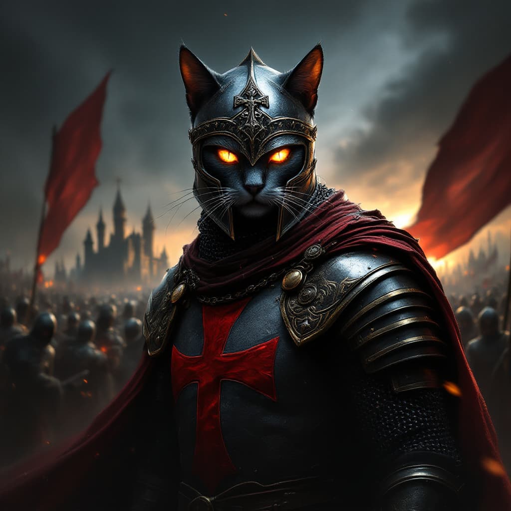AI generated: cat black and punk digital illustration of a Crusader, captured in a commanding and intense pose, st...