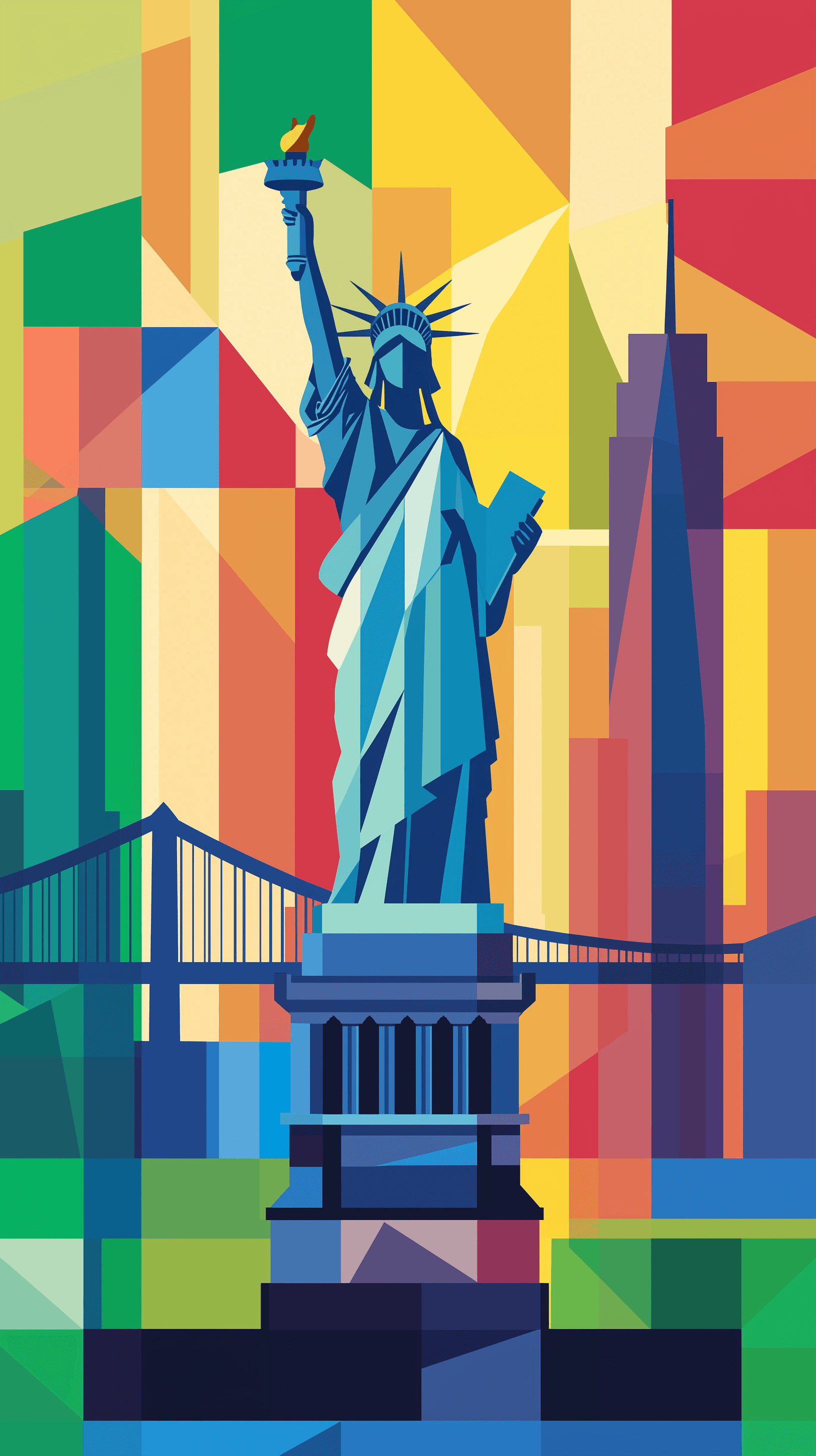 AI generated: minimalist illustration of new york city, featuring the iconic statue of liberty standing tall in th...