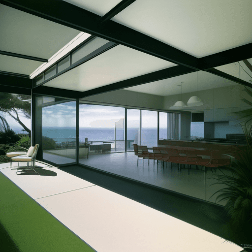 AI generated: Hyper realistic eye level exterior photo of a mid century modern style house overlooking the ocean, ...