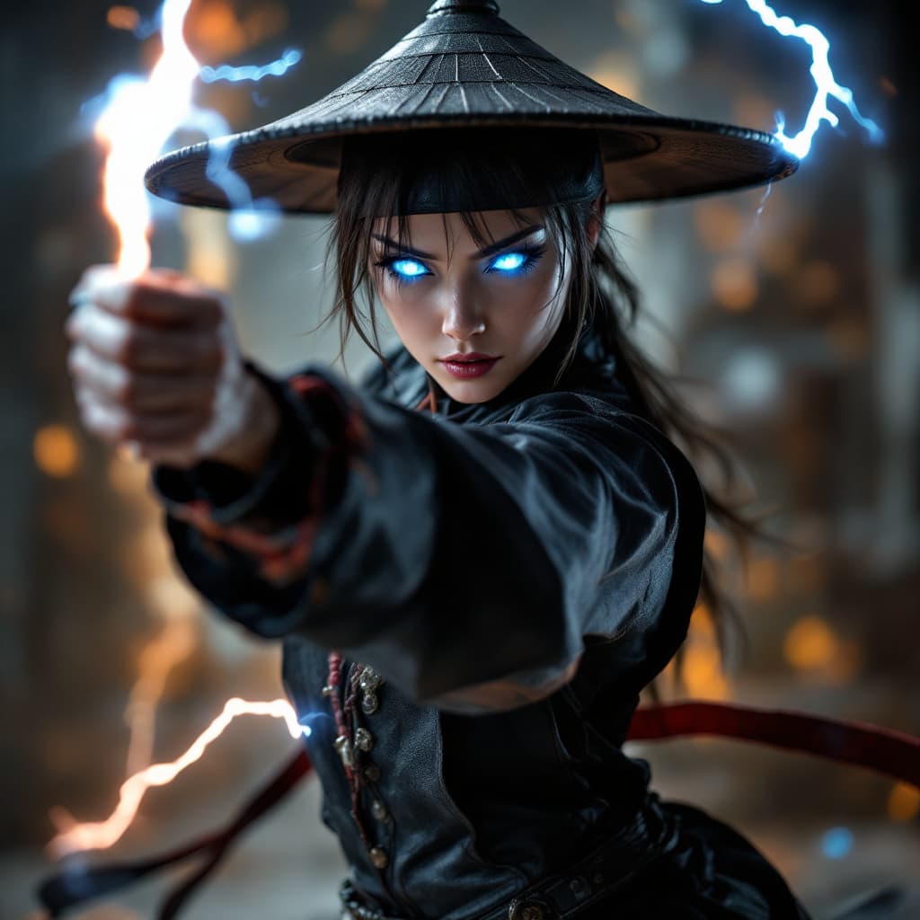 AI generated: Photo of a ultra realistic photo of raiden in mortal kombat, if he was a female, wearing the wide ch...