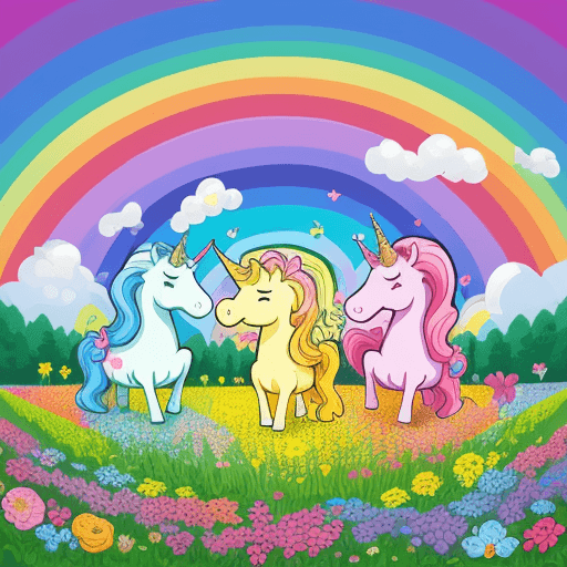 AI generated: A group of unicorns frolicking in a field of flowers under a rainbow, joyful cartoon pop art style
