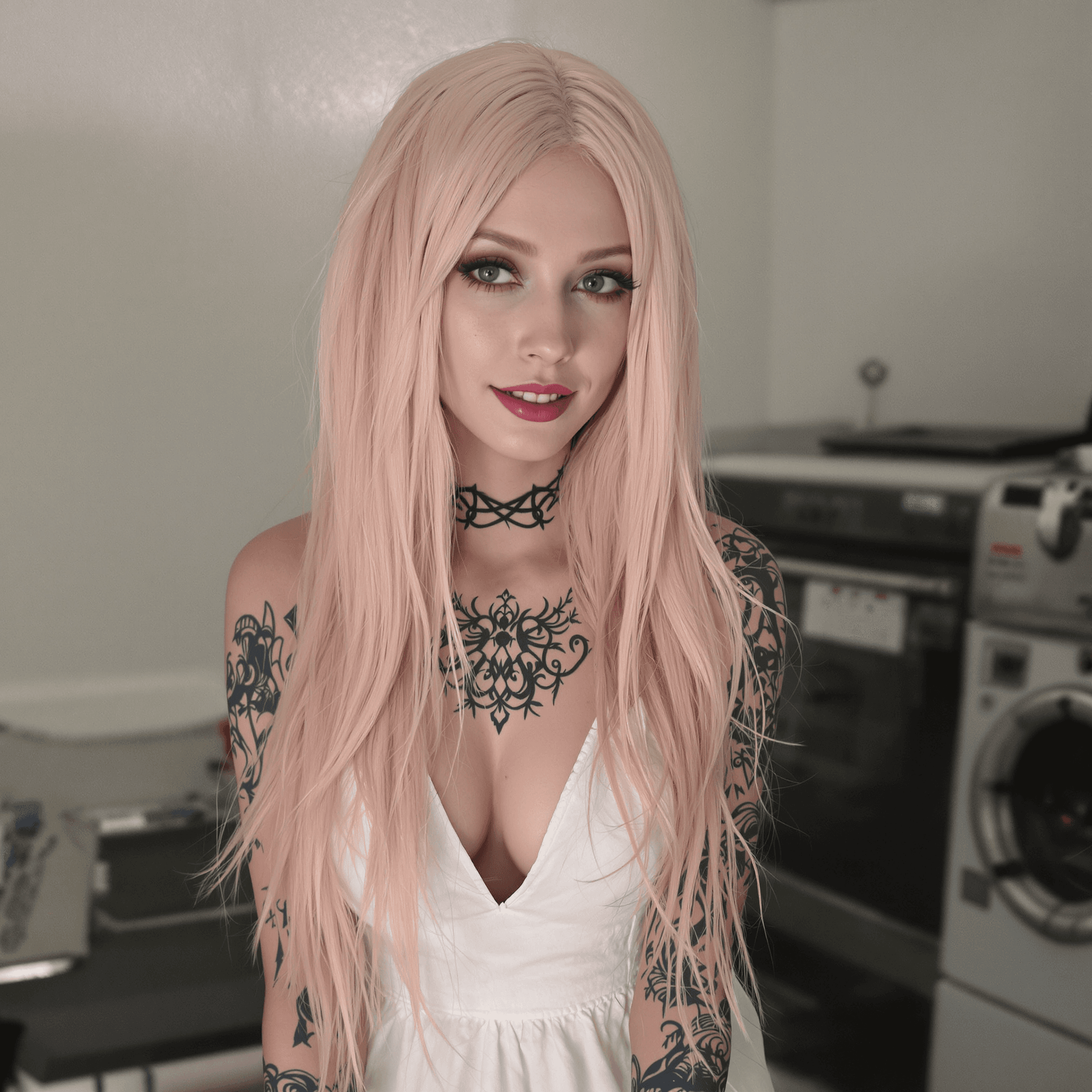 AI generated: High resolution photography 8K of a tall and slender 25-year-old woman with long, light pink hair be...