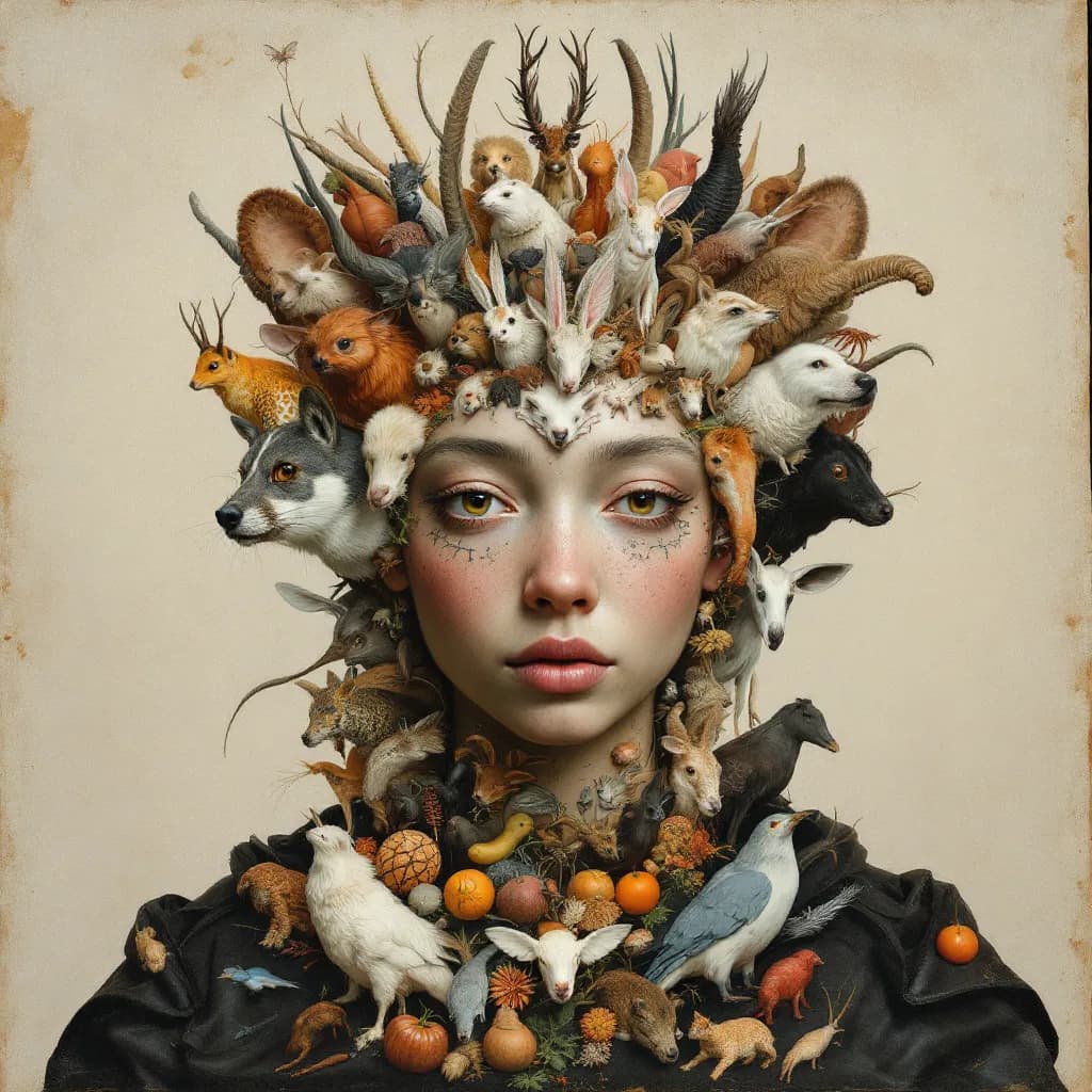 AI generated: a portrait a highly detailed, surreal portrait of a person composed entirely of various species anim...