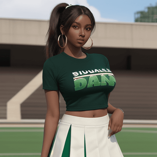 AI generated: pandad, brown hair, dark skin, green eyes, huge breasts, two tone hair, hoop earrings, single ponyta...