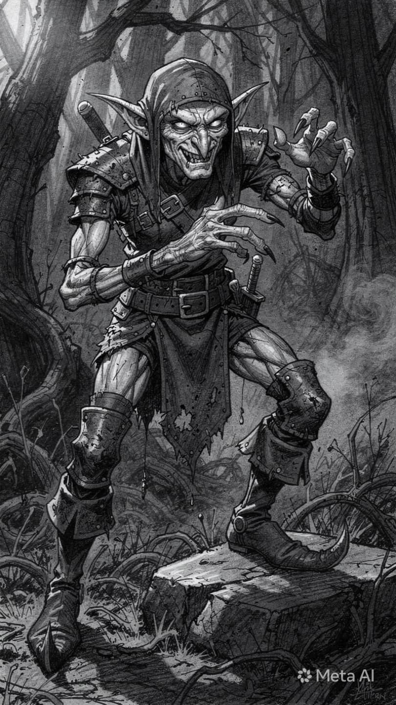 AI generated: A highly detailed black-and-white dark fantasy illustration rendered in charcoal and graphite, verti...