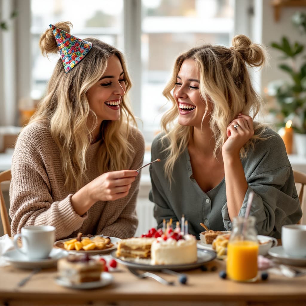AI generated: two female friends, both blond and german, celebrating birthday over a massive breakfast with lots o...