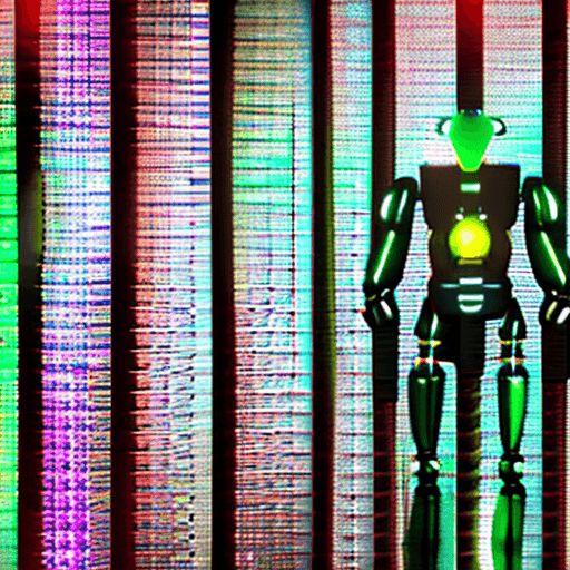 AI generated: 3d rendering, robot, front view, upper-body, neon glow with deep orange and green, gaze, glistening ...