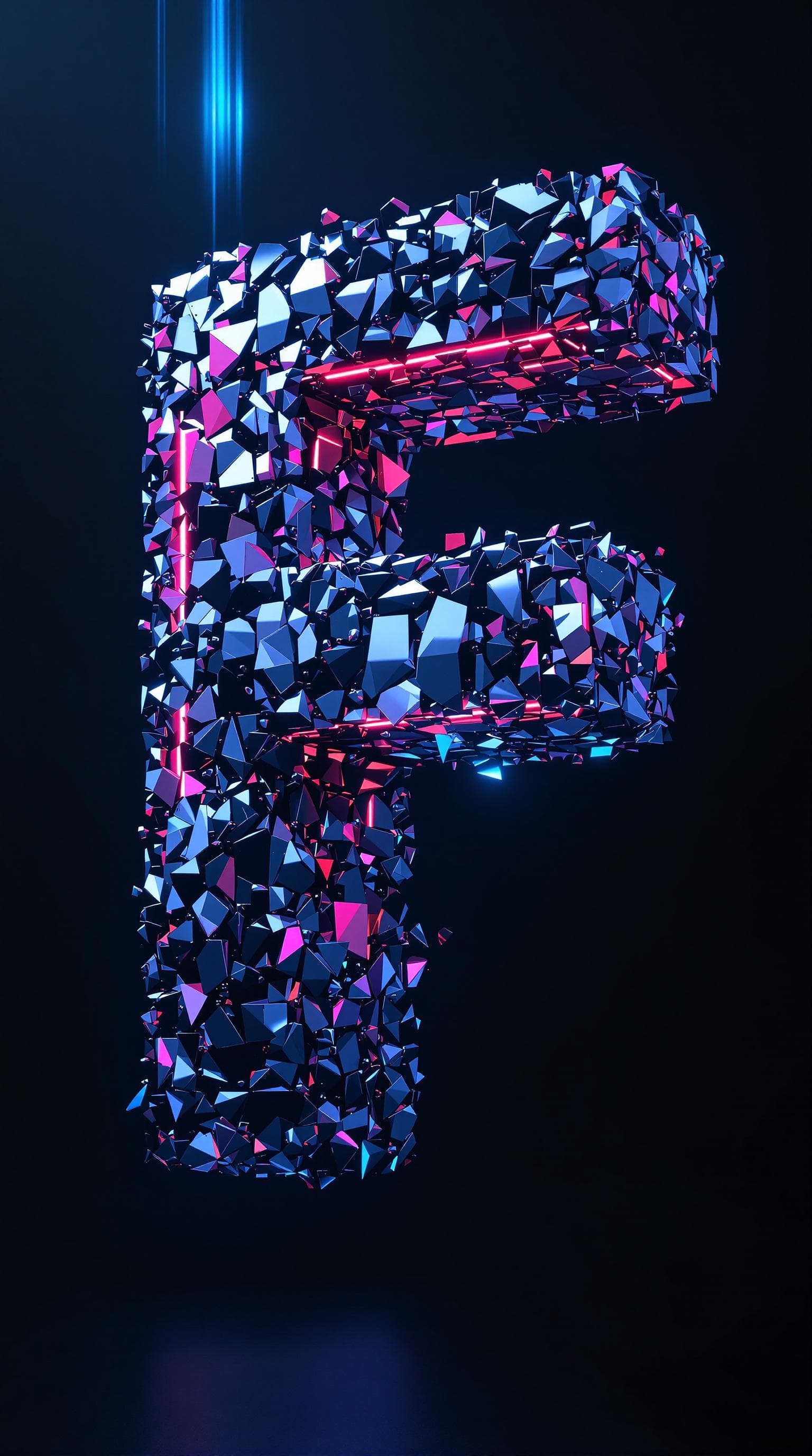 AI generated: "Design the letter 'F' as a bold 3D sculpture made of floating metallic fragments, hovering in mid-a...