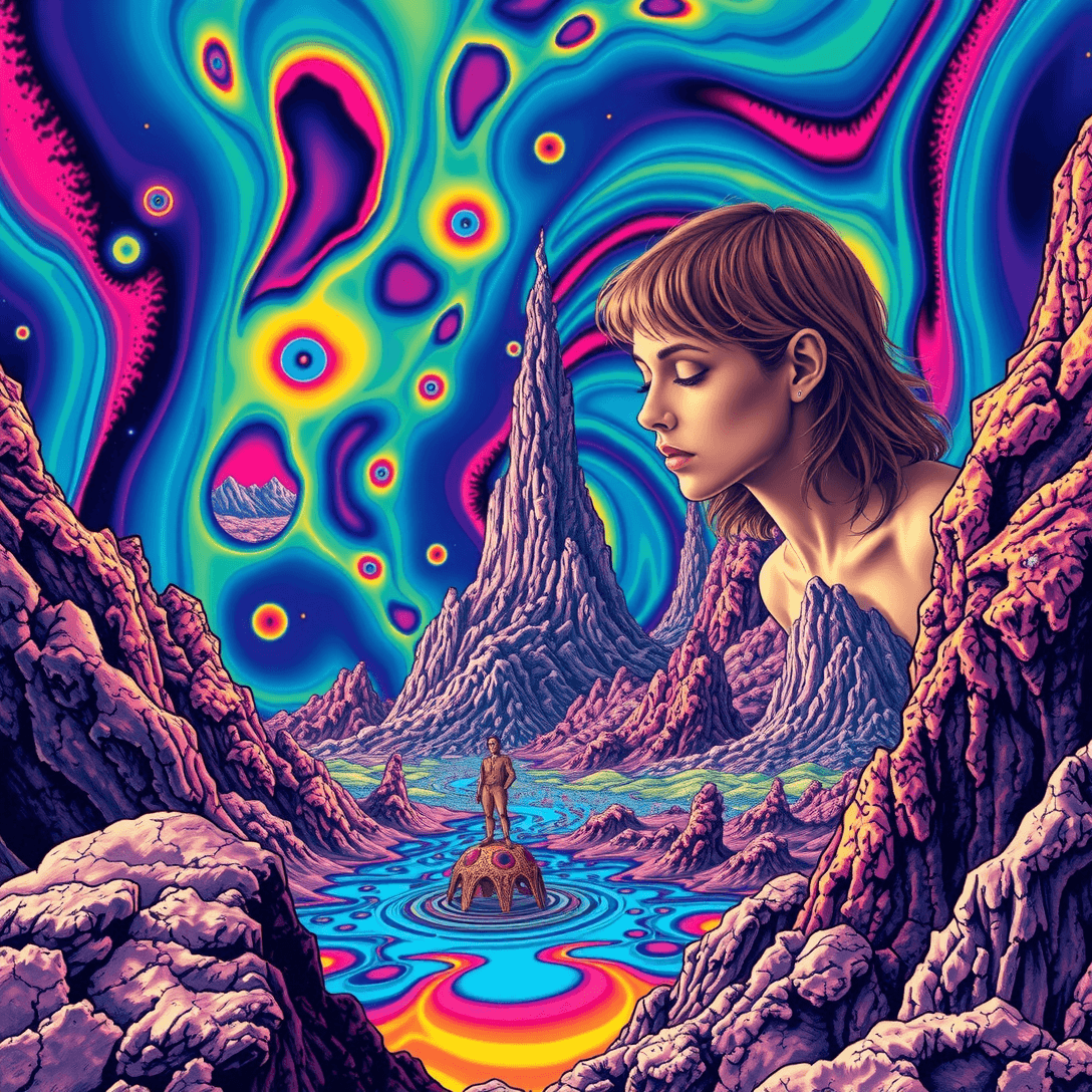 AI generated: LSD hallucination, Fluorescent vortex, fractal landscapes, melting faces, distorted reality, dreamli...