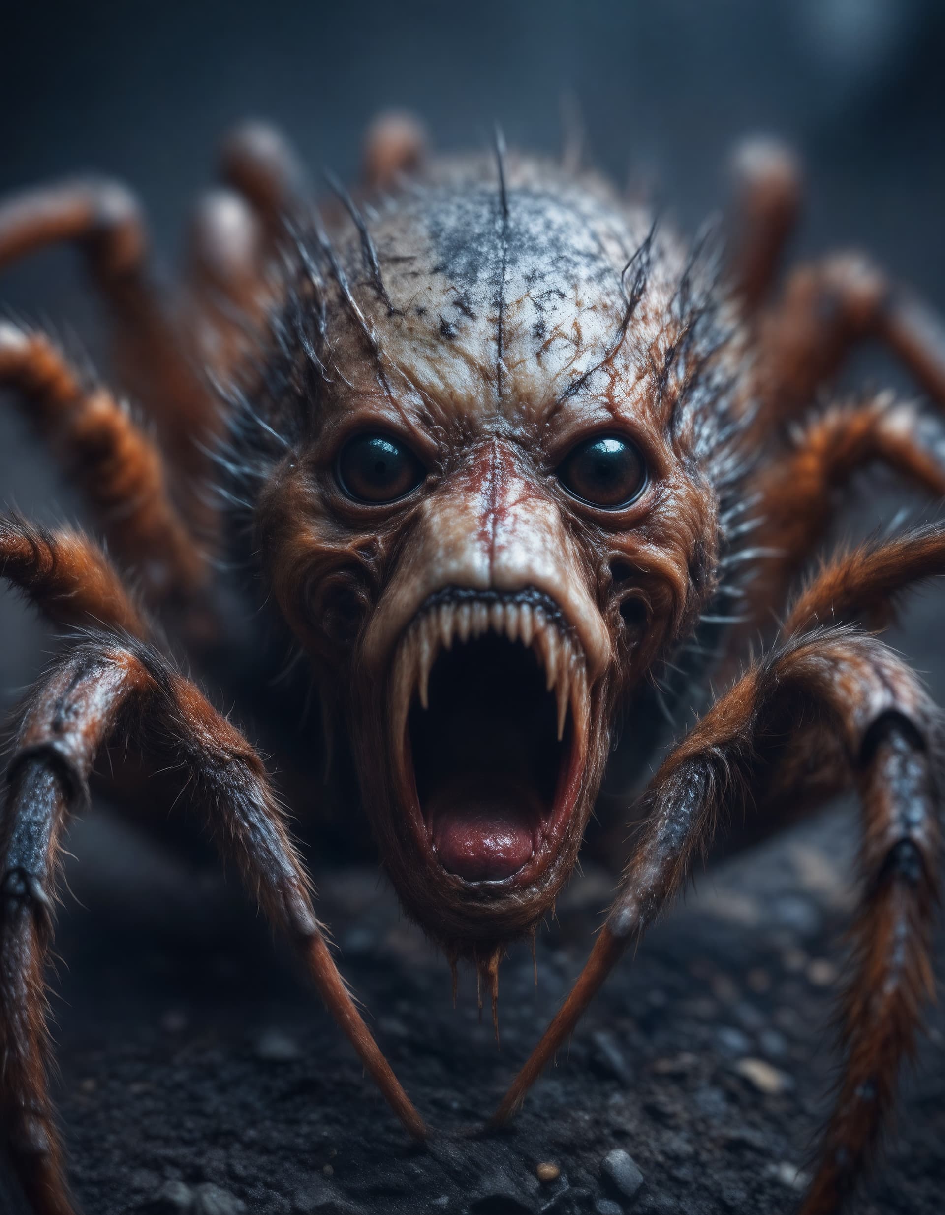 AI generated: realistic creepy spider, natural light, high detailed textures, creepy setting, horror, open mouth w...