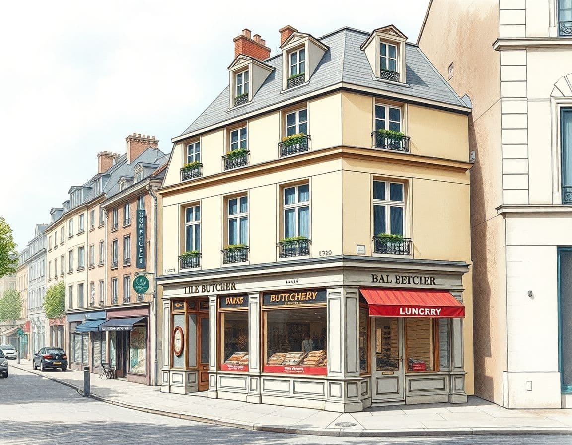 AI generated: Paris 1880, hyperrealistic illustration, a facade of a little butchery, front view, elevation, in co...