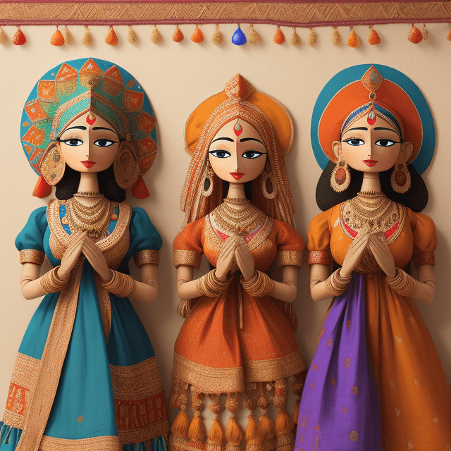 AI generated: Rajasthan Traditional handcrafted puppets, adorned in vibrant ethnic attire, hang in a row against a...
