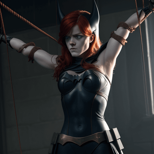 AI generated: Rose Leslie dressed as Batgirl, being held captive by ropes wrapped around her arms and body. 