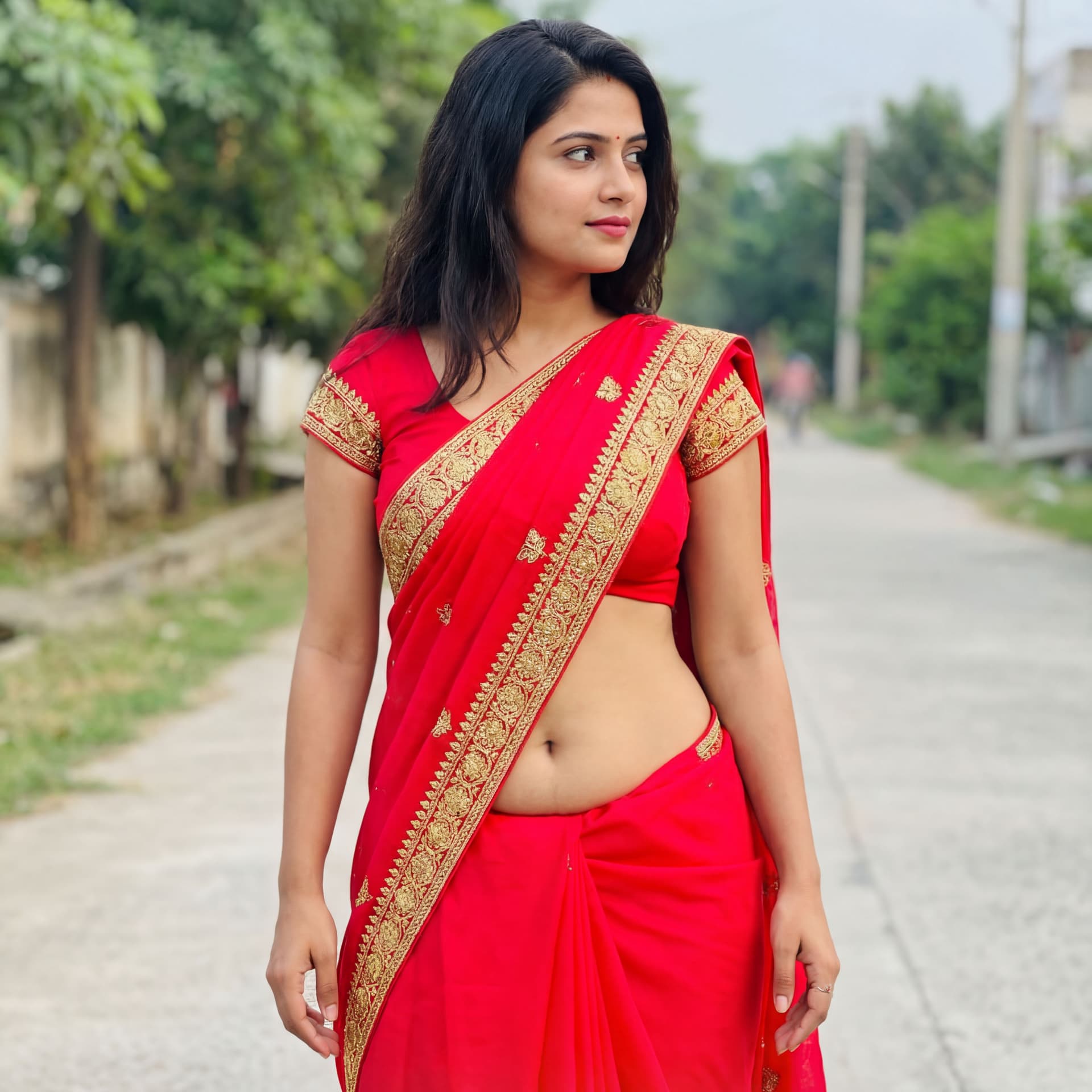 AI generated: Replace the woman's saree colour into red but don't cover her navel same like this.