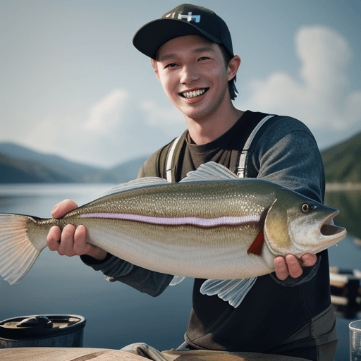 AI generated: young fisherman smiling catches fish cinematic, hyper realism, high detail, octane render, 8k