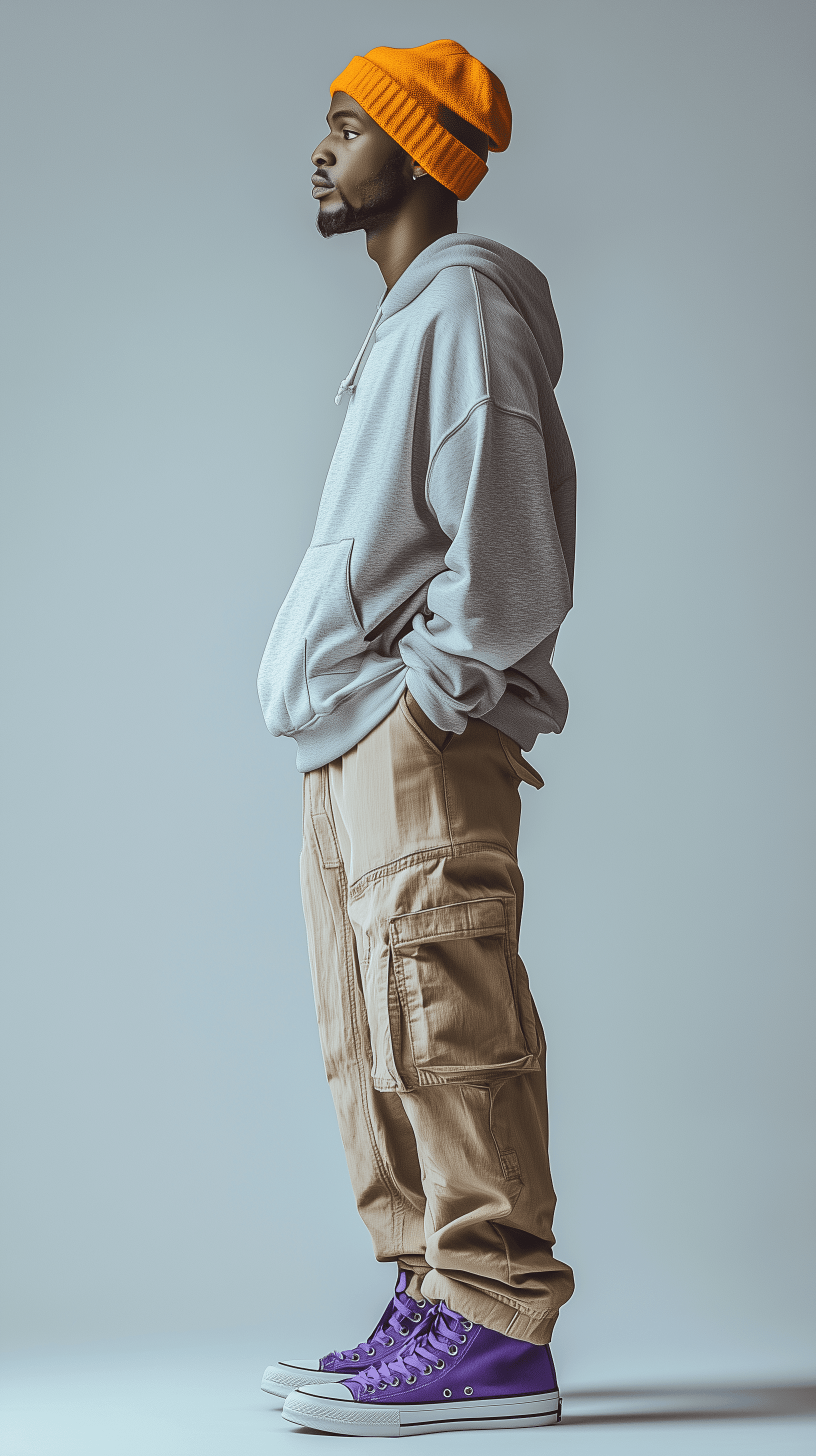 AI generated: streetwear fashion editorial, full-body, man in profile, wearing a mustard yellow color beanie hat, ...