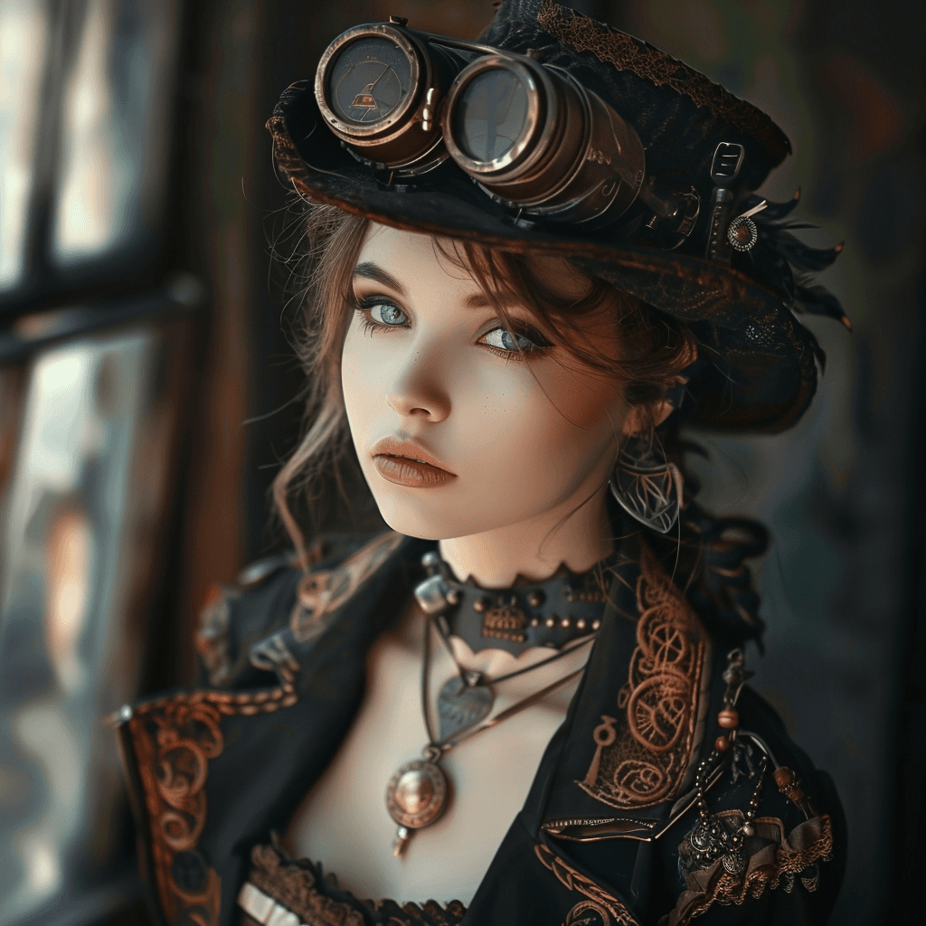 AI generated: cute pixielike girl, brunette, steampunk, high quality photo.