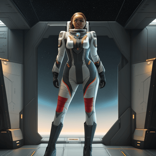 AI generated: a full body shot of Jessica Green as strong astronaut, standing Anvil Carrack of Star Citizen