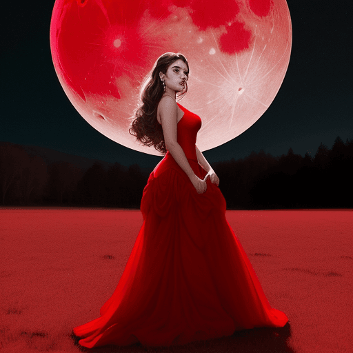 AI generated: una hermosa mujer con grandes cadera en traje rojo, un paisaje lunar

