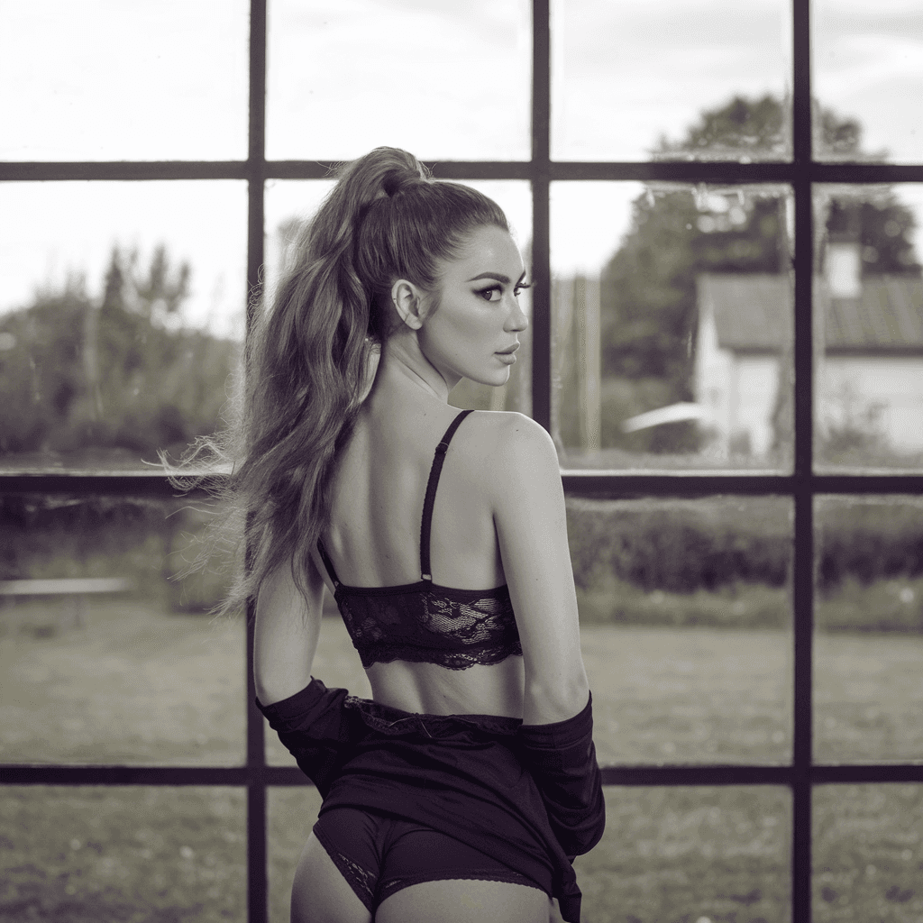 AI generated: A woman with long, wavy hair in a high ponytail, wearing a black lace bra and shorts, stands with he...