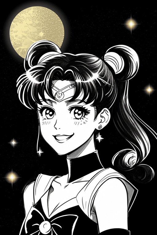AI generated: sailor moon smiling sketch, black background, bright sparkles