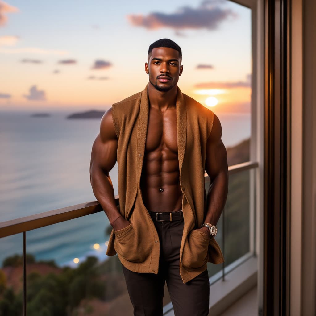 AI generated: A handsome black male model with tan skin and black hair, wearing an open brown sleeveless cardigan ...