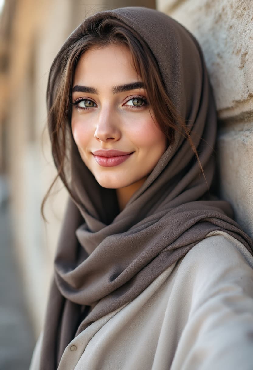 AI generated: Photograph, close-up of the face 20-year-old attractive young Muslim young women,   from iran, open ...