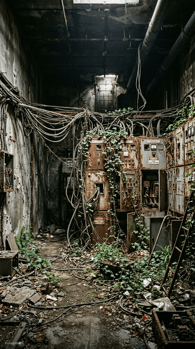 AI generated: An abandoned underground electrical room, creepy, dirty, dusty, overgrown