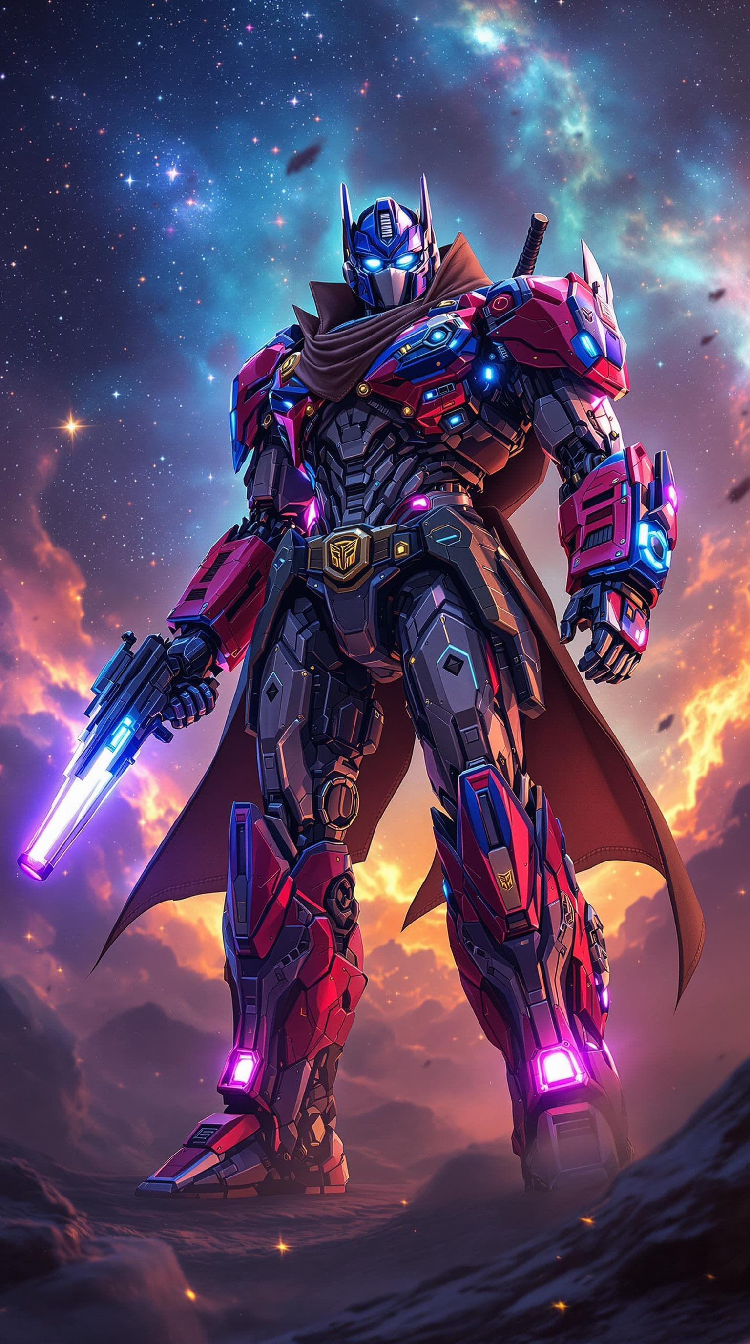 AI generated: Optimus Prime as a space cowboy| futuristic western| detailed space bounty hunter attire| plasma rev...