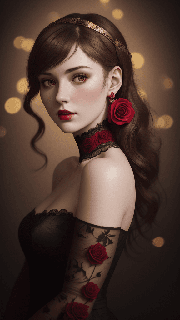 AI generated: 8k, RAW photo, Fujifilm, style photo of a beautiful 25 year old woman, square face, a red rose on th...
