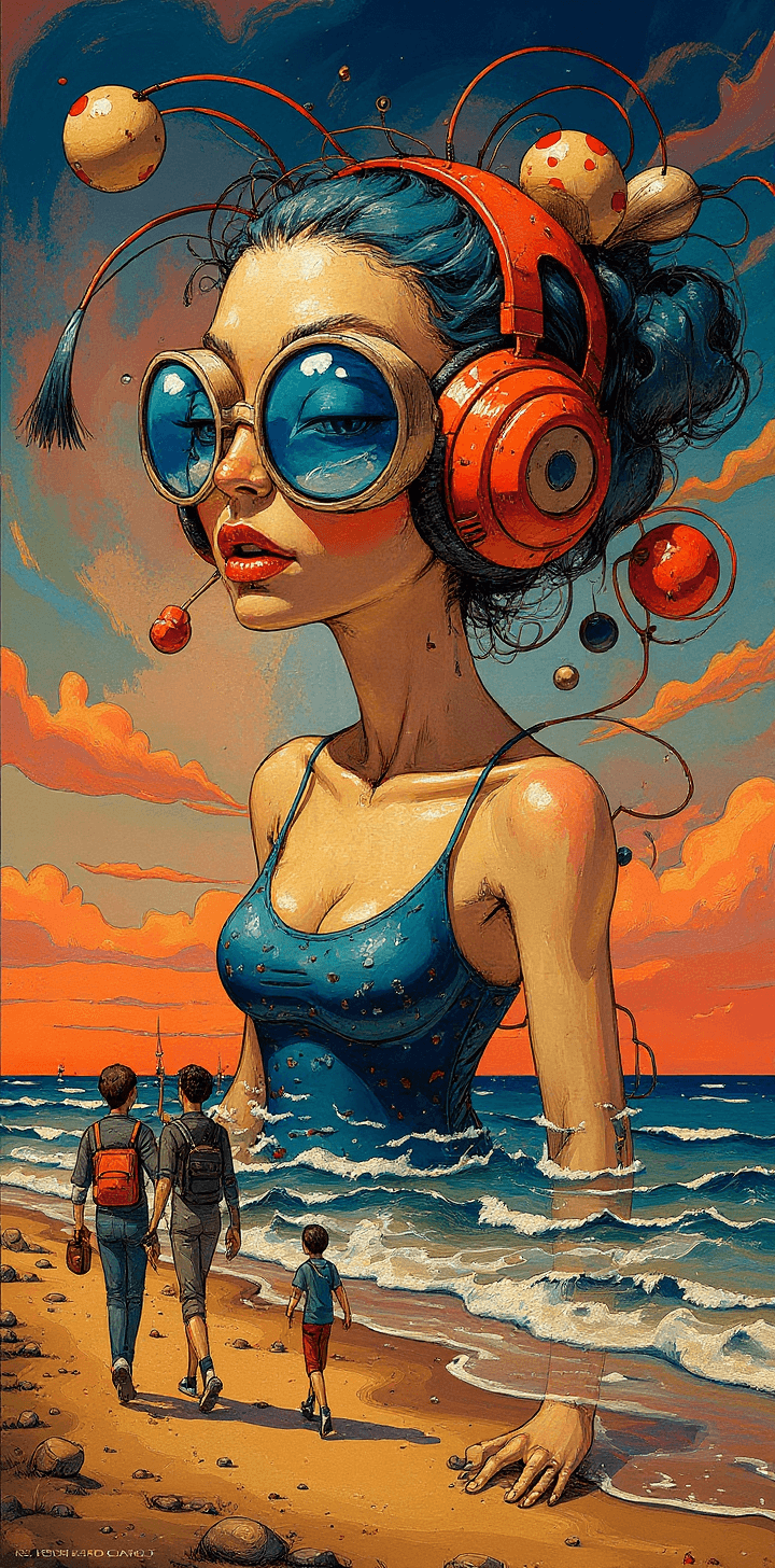 AI generated: People walking towards the ocean , with a futuristic-looking face, in the style of fantastical contr...