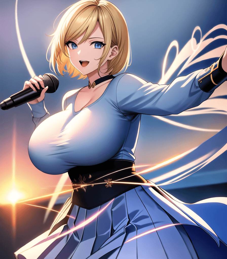 AI generated: (perfect anime illustration), 1girl, short blonde hair, (huge breasts:1.4), concert, live performanc...