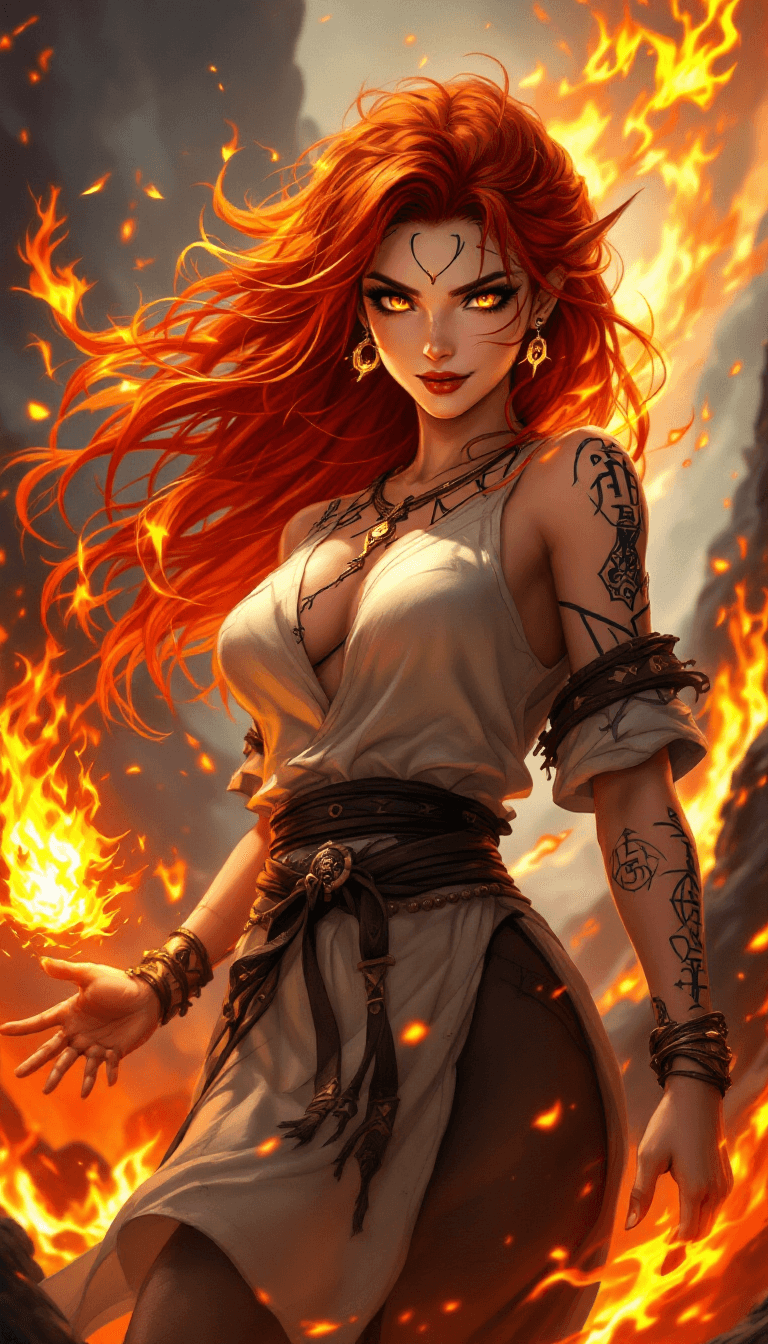 AI generated: The Rune-Bound Pyromancer: A passionate and powerful sorceress with long, flowing, vibrant red hair ...