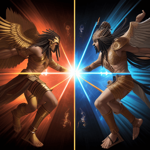 AI generated: The final battle between two wegyptian gods, Set vs Horus, light vs dark, good vs evil, epic battle ...