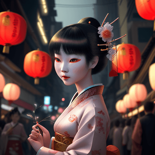AI generated: An ethereal china girl amidst a festival night, paper lanterns illuminating the lively streets, a vi...