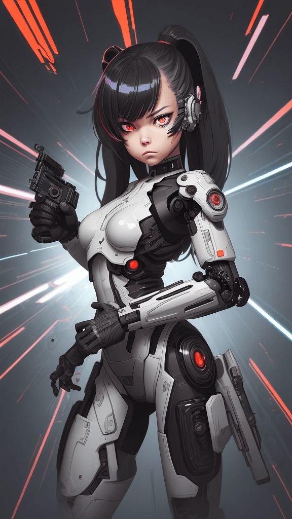 AI generated: in a neutral background portrait of little ((((Cyborg/army/female)))):4.4, shoot a ((((weapon))):4.4...