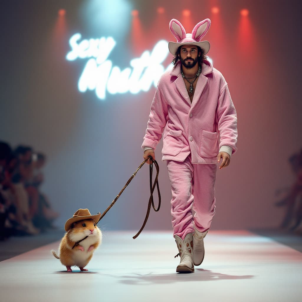 AI generated: A 22 yo man dressed in pink  bunny pajamas with cowboy boots leads a pet hamster on a leash while wa...