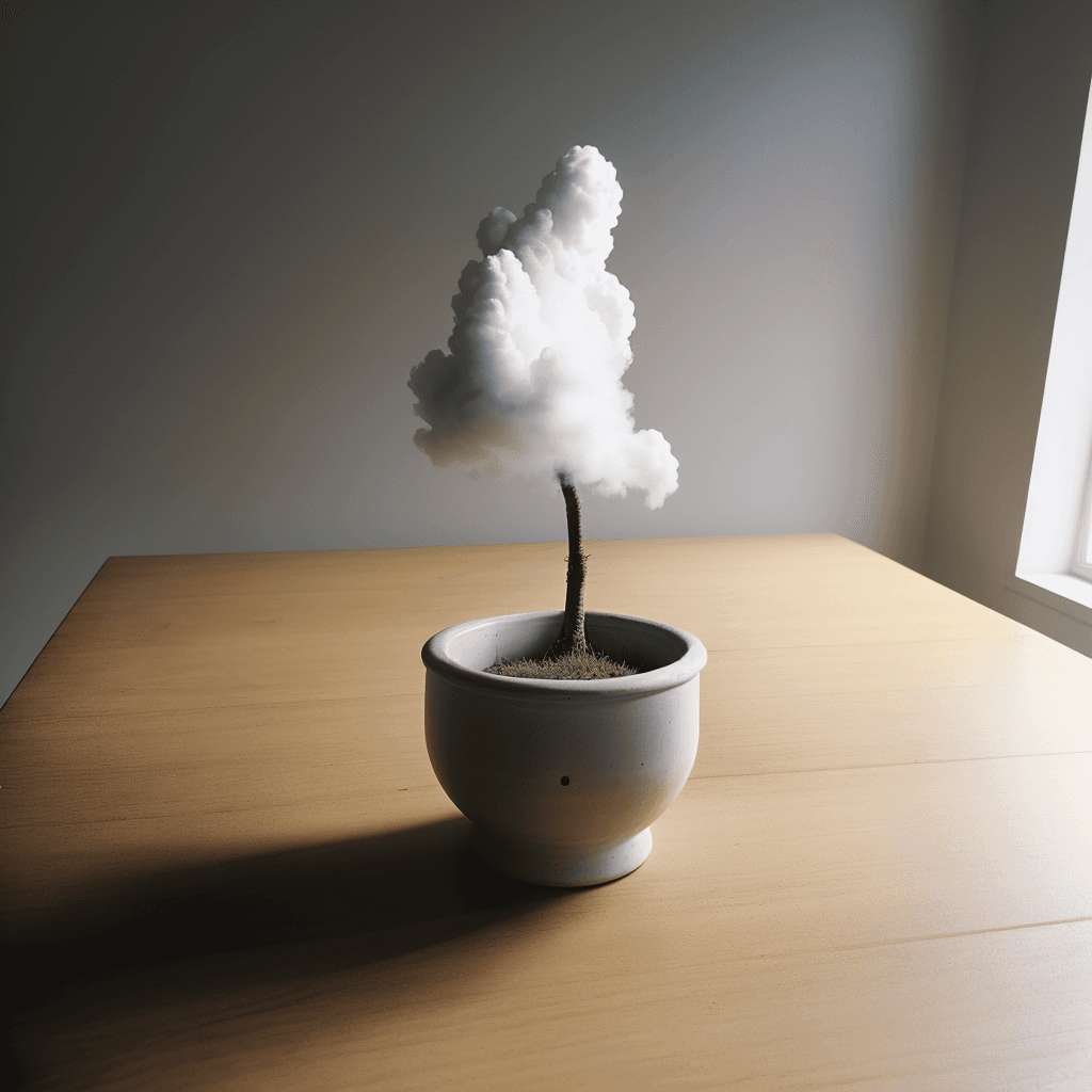 AI generated: indoor photo office table, over the table an clod small clod misty shaped grey cloud floating