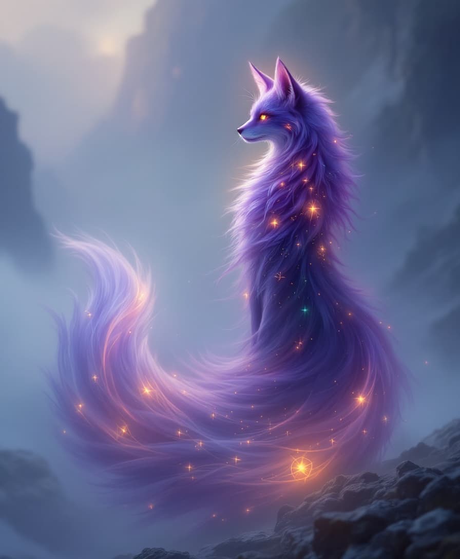 AI generated: A majestic, ethereal fox-cat hybrid spirit stands alone in a mist-shrouded sacred valley.

Her body ...