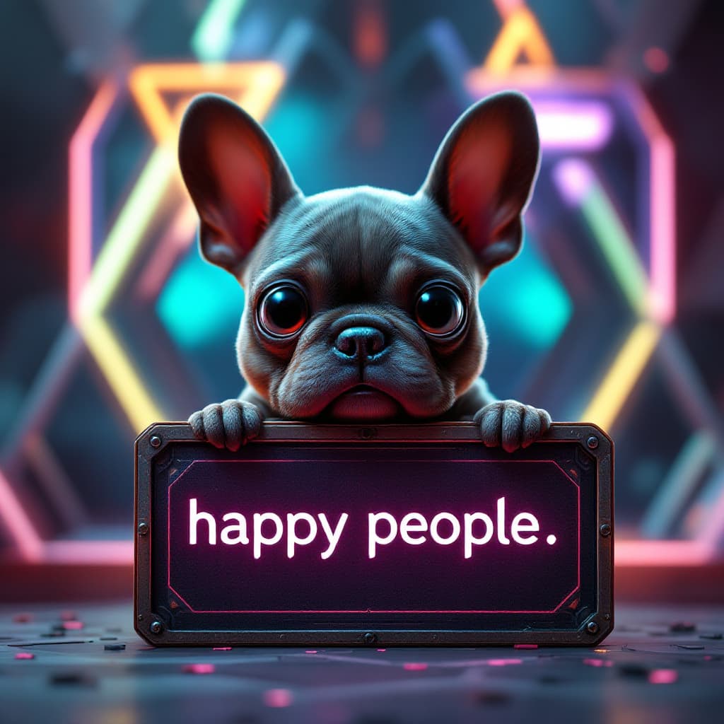 AI generated: 3d Image Pixar Style, creepy french bulldog puppy with huge eyes, nervous eyes, holding a Flat lay m...