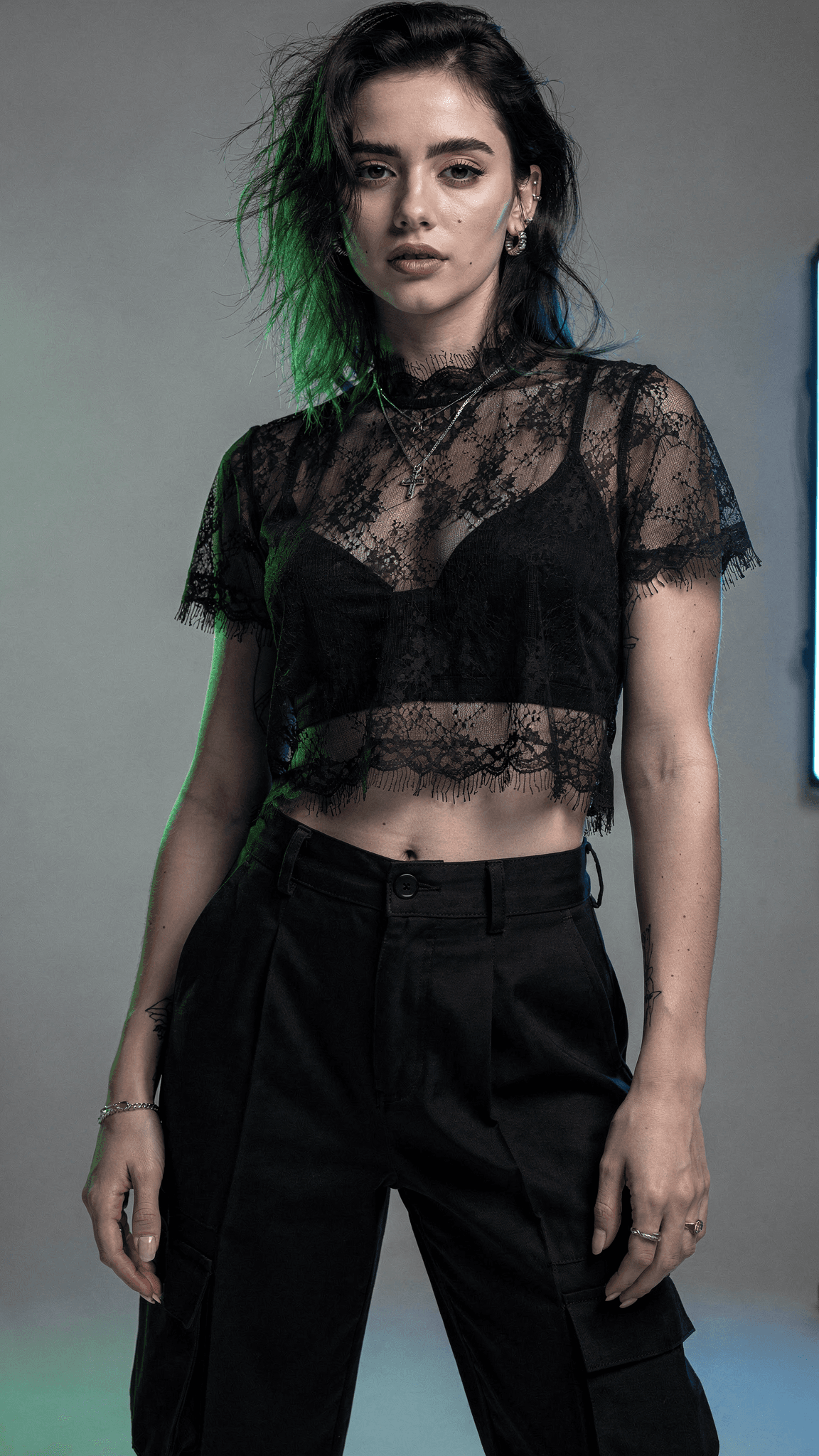 AI generated: Billie eilish G-string underwear no bra mini crop top cleavage lace sheer