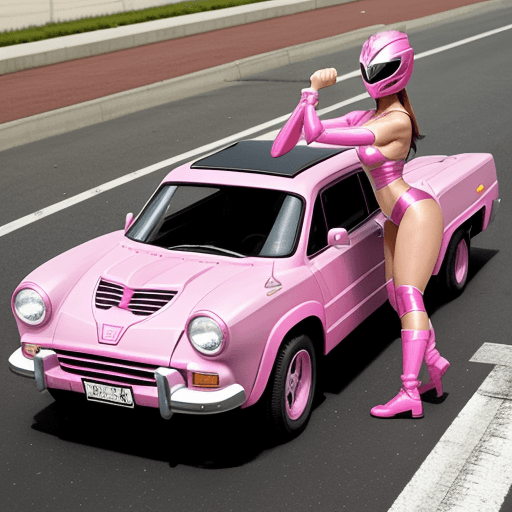 AI generated: Pink power ranger lifting a car off the ground 