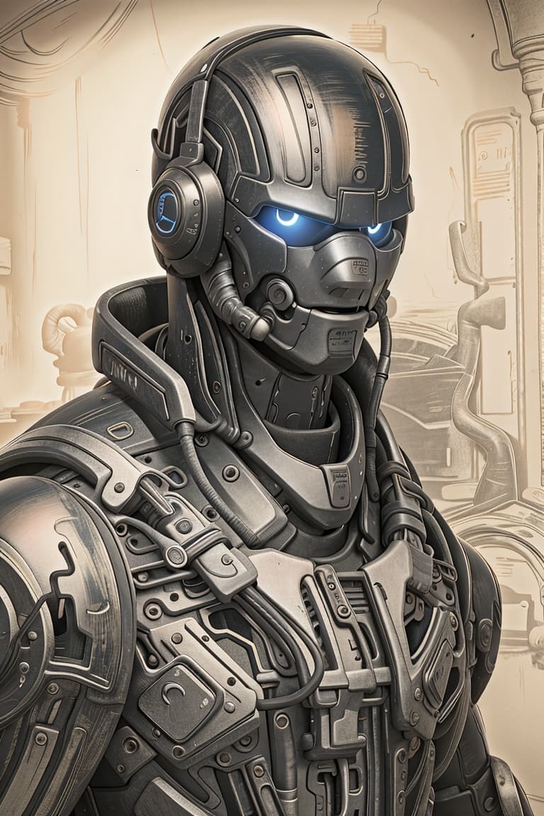 AI generated: cyber punk robot, dark soul blood borne boss, face hidden, RTX technology, high resolution, light sc...