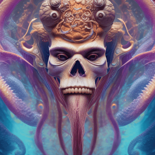 AI generated: God  close-up portrait ribcagel. jellyfish phoenix head, nautilus, orchid, skull, betta fish, biolum...